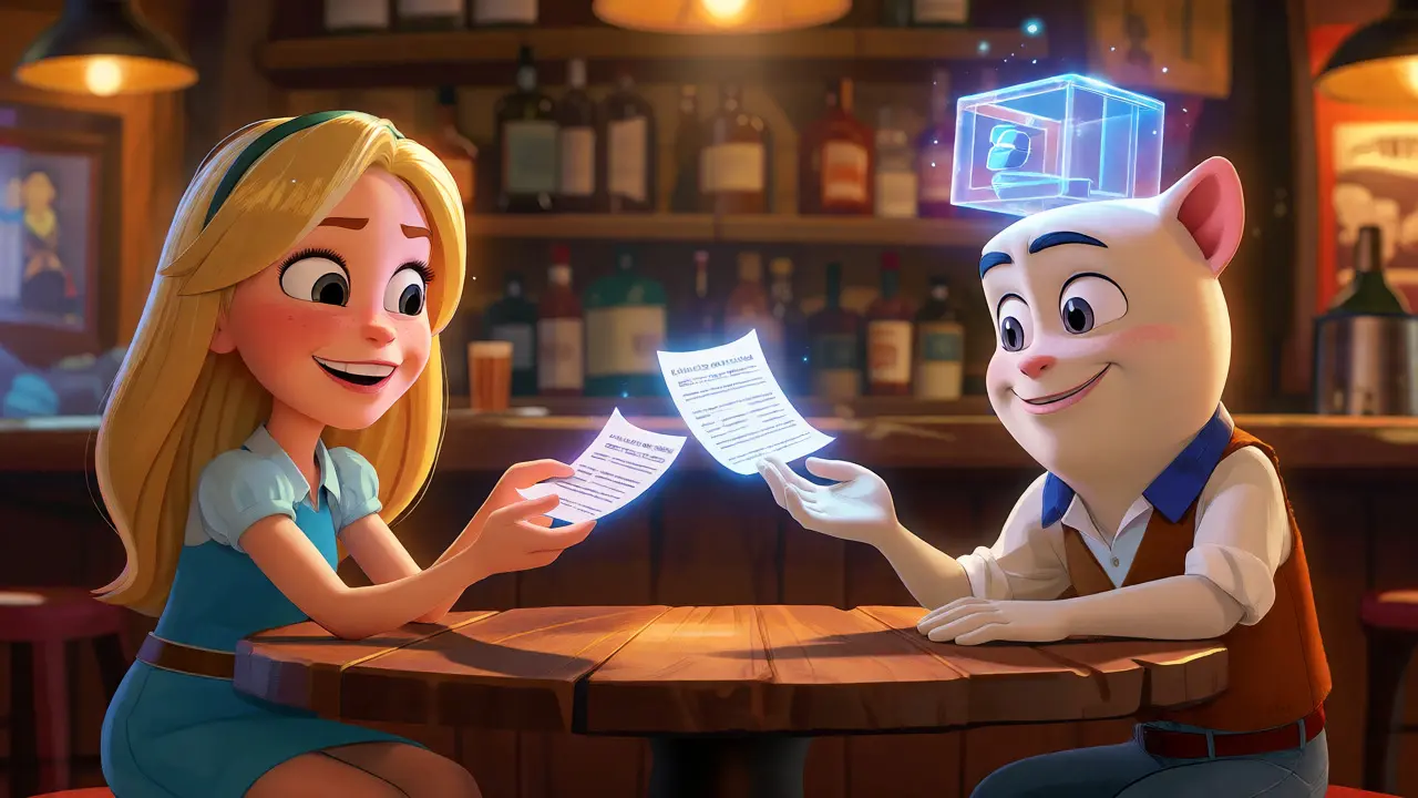 Two friends exchanging digital ledgers instantly at a bar under a smart contract vault.