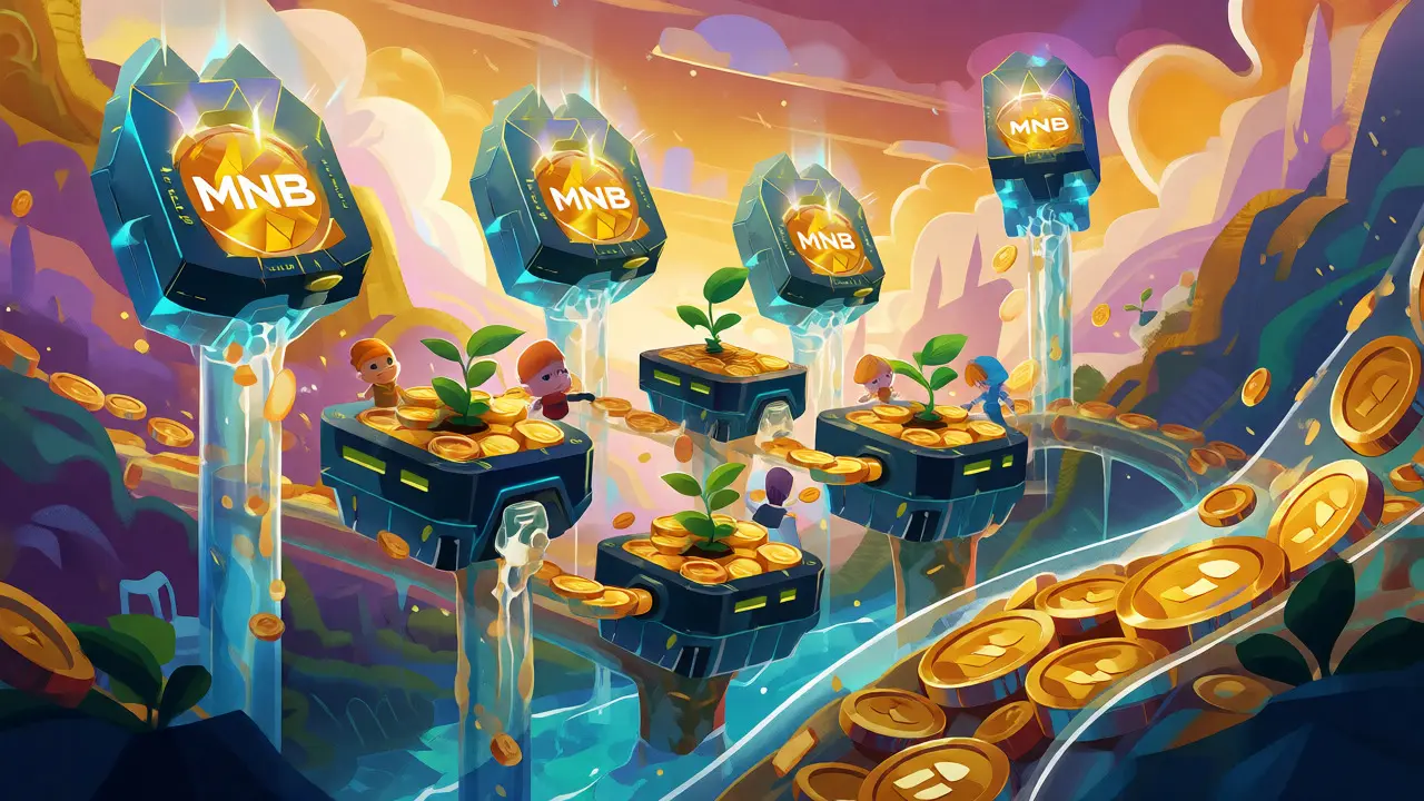 Vibrant digital landscape showing golden tokens flowing to feed glowing virtual GPU crystals.